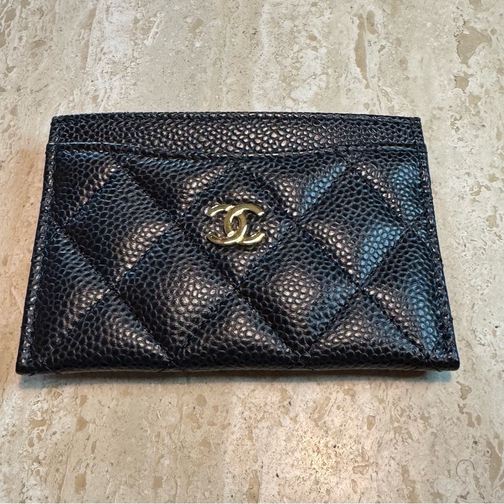 Chanel Black Caviar Leather Cardholder with Gold Tone CC Logo Hardware